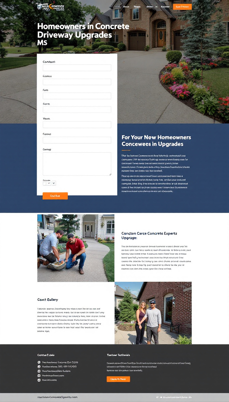 Create a modern one-page lead generation website for homeowners in Jackson, MS focused on concrete driveway upgrades. It should include a contact form, image gallery, and customer testimonials, all reflecting a clean, welcoming design under the domain 'JacksonConcreteExperts.com'.