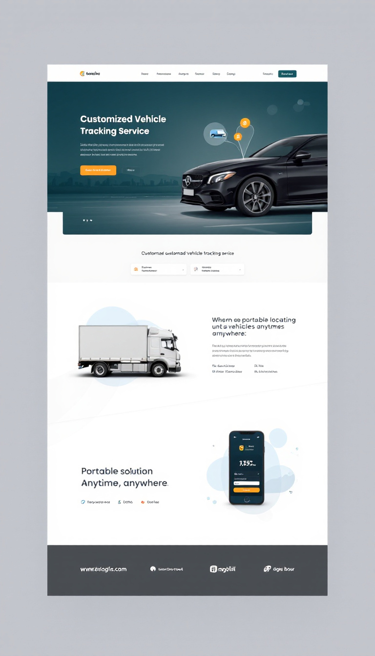Create a simple and clean one-page website design for a customized vehicle tracking service, showcasing a portable solution for locating vehicles anytime, anywhere.