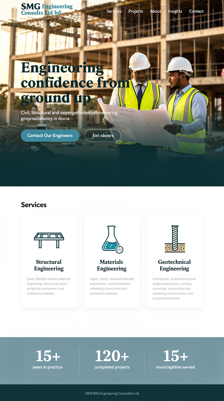 A premium homepage for SMG Engineering Consults Ltd, a Ghanaian civil/structural/geotechnical engineering consultancy in Accra. Deep teal-green (#07413c) and muted steel blue (#6683b2) palette on an off-white background, with a bold full-bleed hero photo of a modern construction site or building under inspection, large confident serif-meets-sans headline overlay, a translucent dark teal gradient panel, and a prominent "Contact Our Engineers" button. Clean grid sections below for services (Structural, Materials, Geotechnical) as three icon cards, and a stats strip. Corporate, trustworthy, engineering-precision feel with sharp lines and generous whitespace.