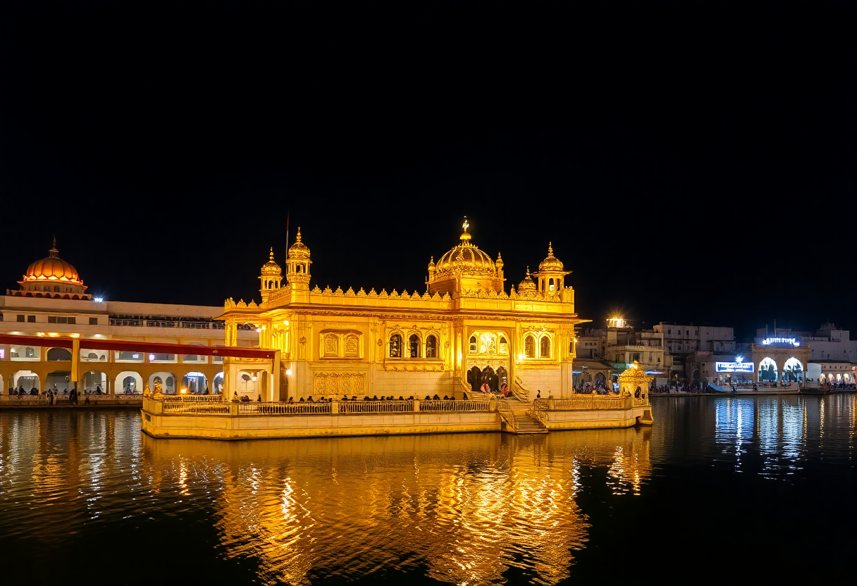 the majestic golden temple in amritsar illuminated at night, reflecting in the surrounding water