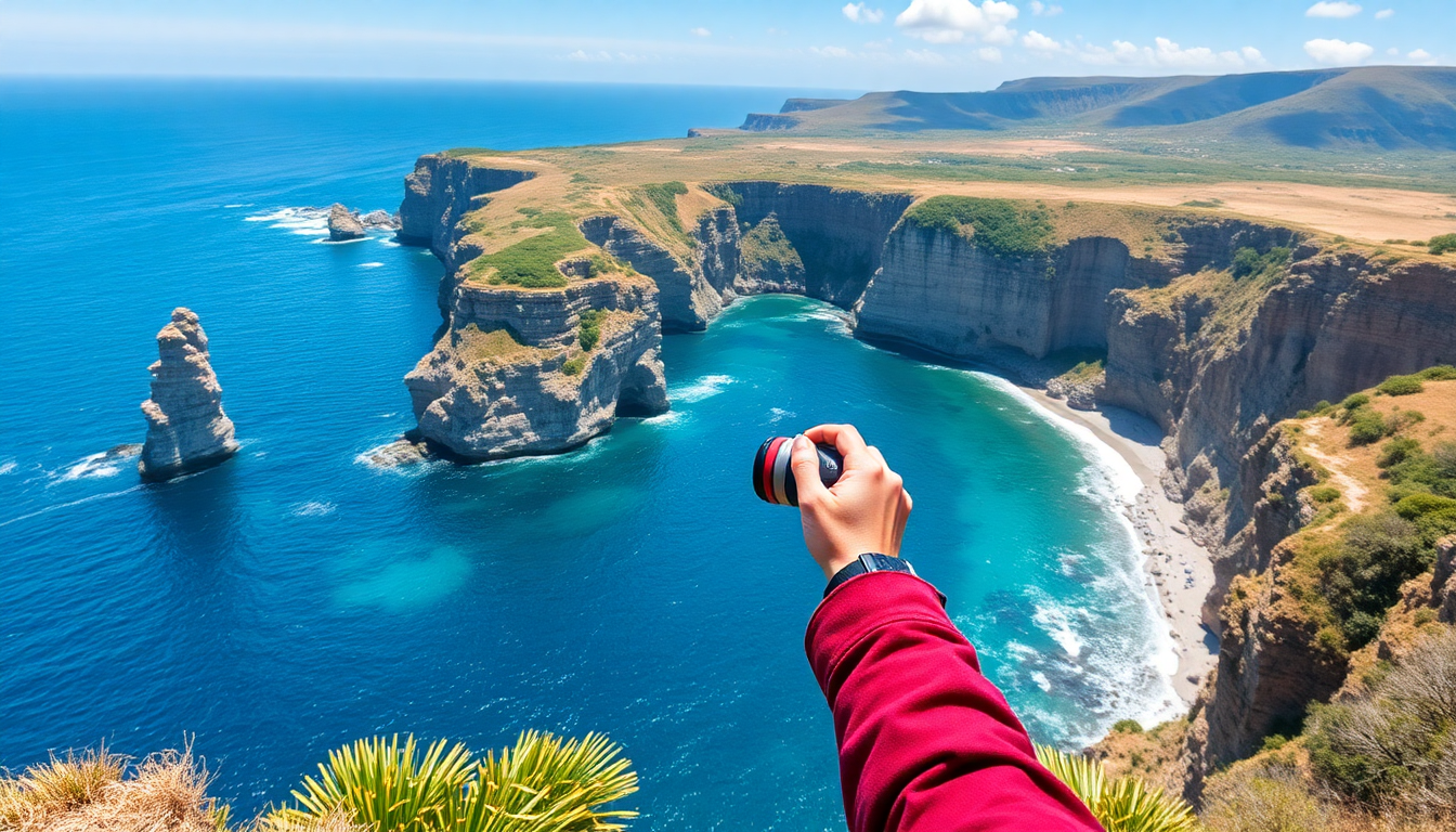 scenic view of coastal cliffs and blue ocean with a traveler holding up a camera to capture the breathtaking landscape - travel website hero image