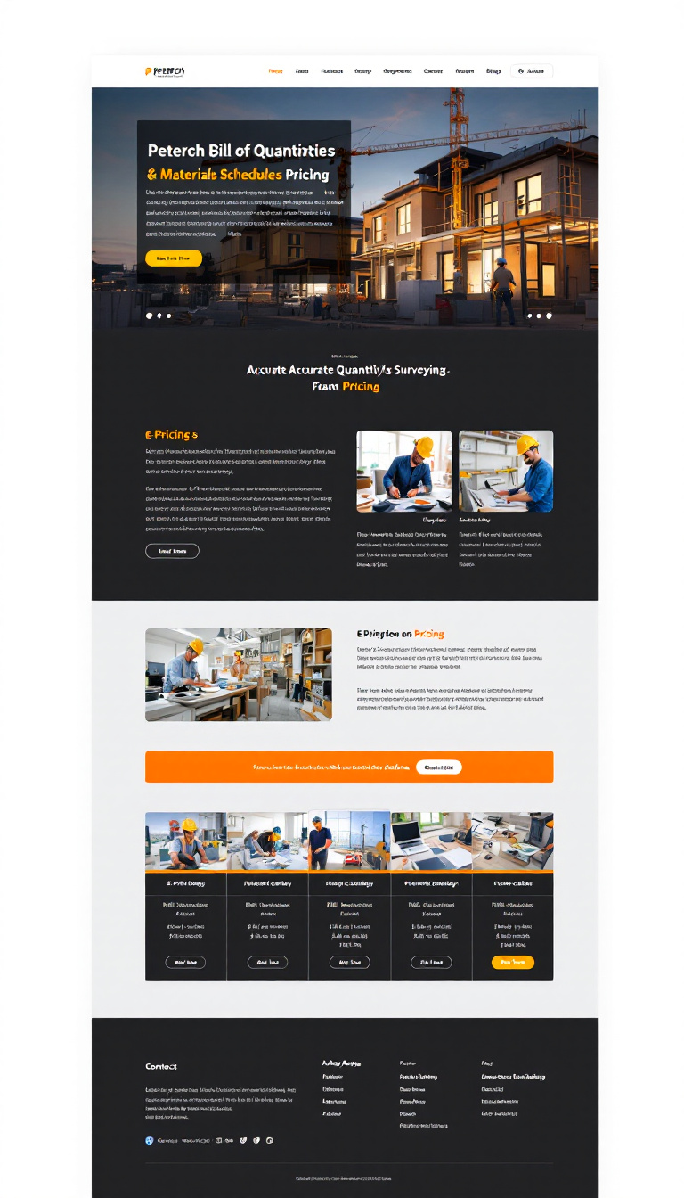 Create a one-page website for "Peterch Bill of Quantities & Materials Schedules Pricing." The site should feature a header with navigation links, an introduction explaining the importance of accurate quantity surveying, an e-pricing catalog with images and price tags, and a detailed pricing breakdown table. Include contact information, social media links in the footer, and ensure the page is SEO optimized for better visibility.
