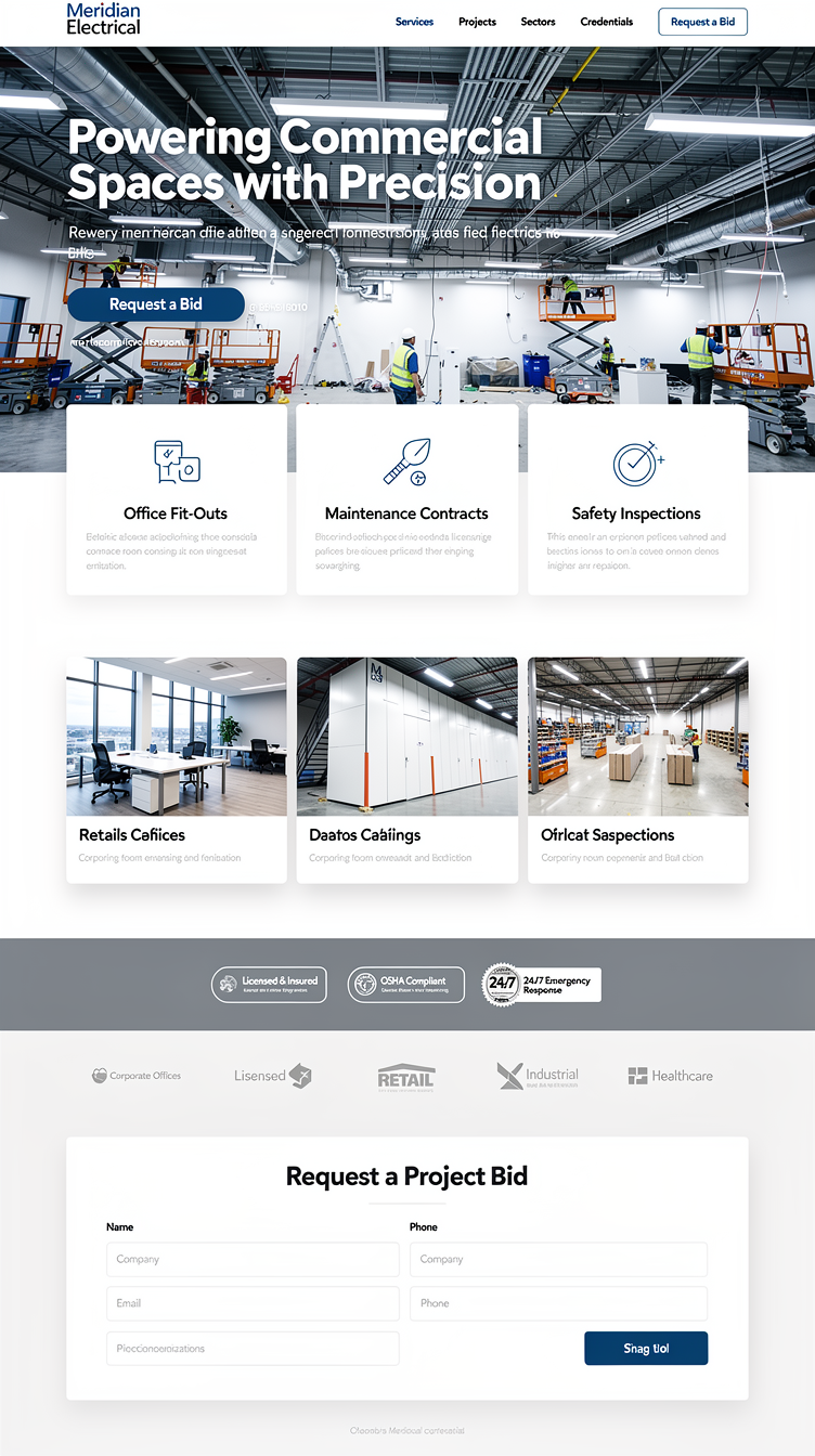 Full-page website mockup for a commercial electrical contractor "Meridian Electrical". Industrial steel-blue, white and cool gray palette. Wide cinematic hero photo of a commercial fit-out in progress with a bold condensed sans-serif headline overlaid and a solid steel-blue "Request a Bid" button. Below: a clean 4-column services grid with line icons (office fit-outs, maintenance contracts, safety inspections, data cabling), then a featured projects row of three photo cards with captions, a credentials/compliance strip with badges, a client-sectors band, and a structured bid-request form. Confident industrial typography, generous whitespace, credibility-first, sharp grid alignment, subtle shadows.