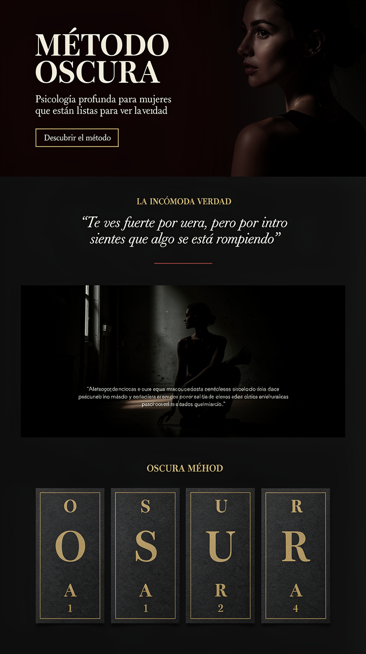 Full-page sales landing page for a psychological ebook "MÉTODO OSCURA" aimed at women. Dark, cinematic, moody editorial direction: near-black charcoal background (#0e0a0a), deep crimson (#7f1d1d) and antique gold (#eab308) accents, warm off-white text. Huge dramatic serif display headline in the hero over a shadowy portrait of a woman looking away, generous negative space, single gold outline CTA button. Sections flow: emotional problem section as intimate quote-like text, an "incómoda verdad" section with a stark full-bleed dark image, the OSCURA method presented as elegant lettered cards (O S C U R A) with gold numerals, a book mockup, and a closing CTA. Elegant, mysterious, luxury magazine feel, refined typography, lots of breathing room.