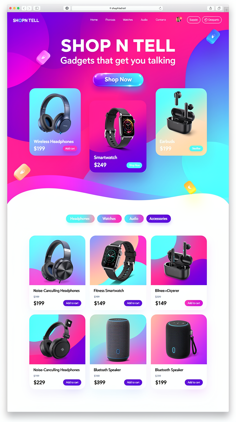 Homepage for "SHOP N TELL", a bold colorful tech gadgets online store. Vibrant gradient hero (electric purple, hot pink, cyan) with big headline, floating product cards for headphones, smartwatch, earbuds. Product grid below, category chips, playful rounded cards, energetic modern e-commerce feel.