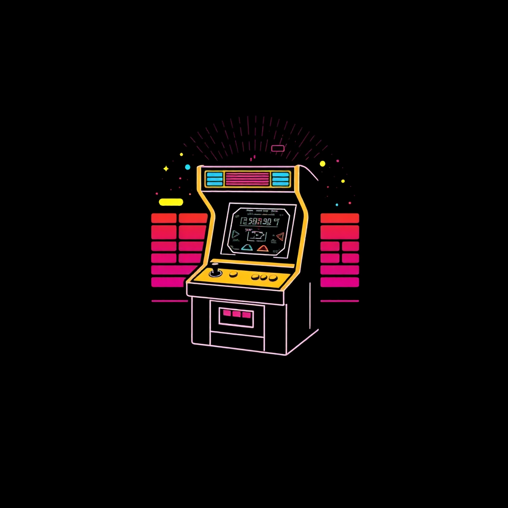 black t-shirt with a retro arcade-inspired design
