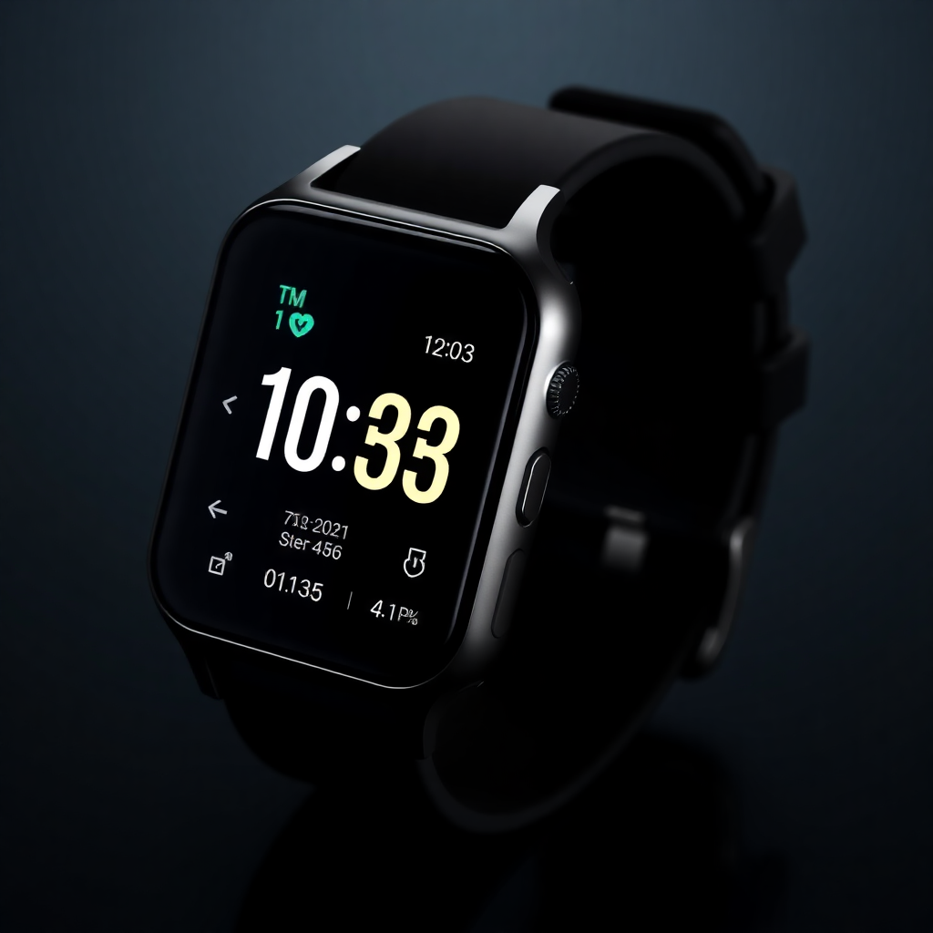 sleek black smartwatch with illuminated display showing time and fitness data