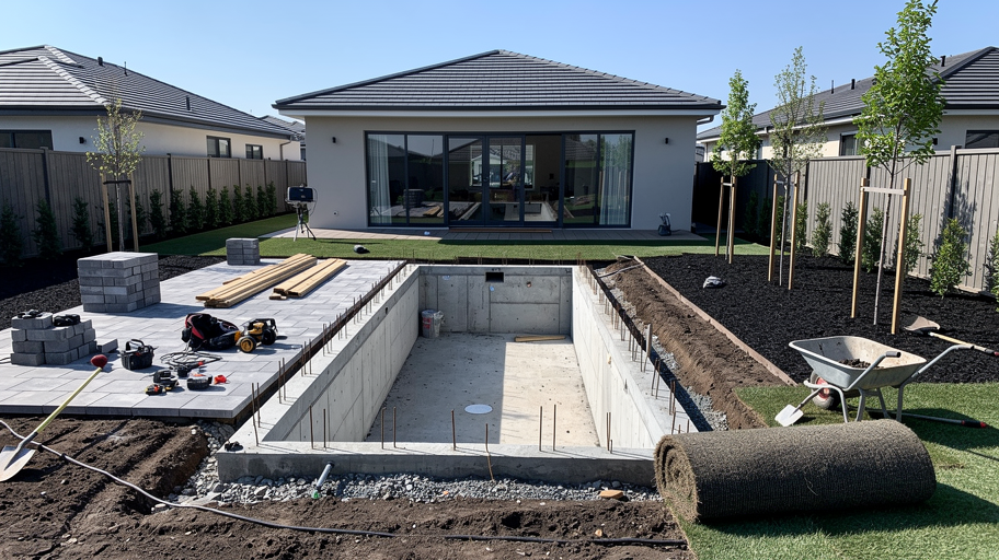 Professional photograph, natural light, realistic: Full backyard renovation with pool, patio, and landscaping under construction. No text or watermarks.