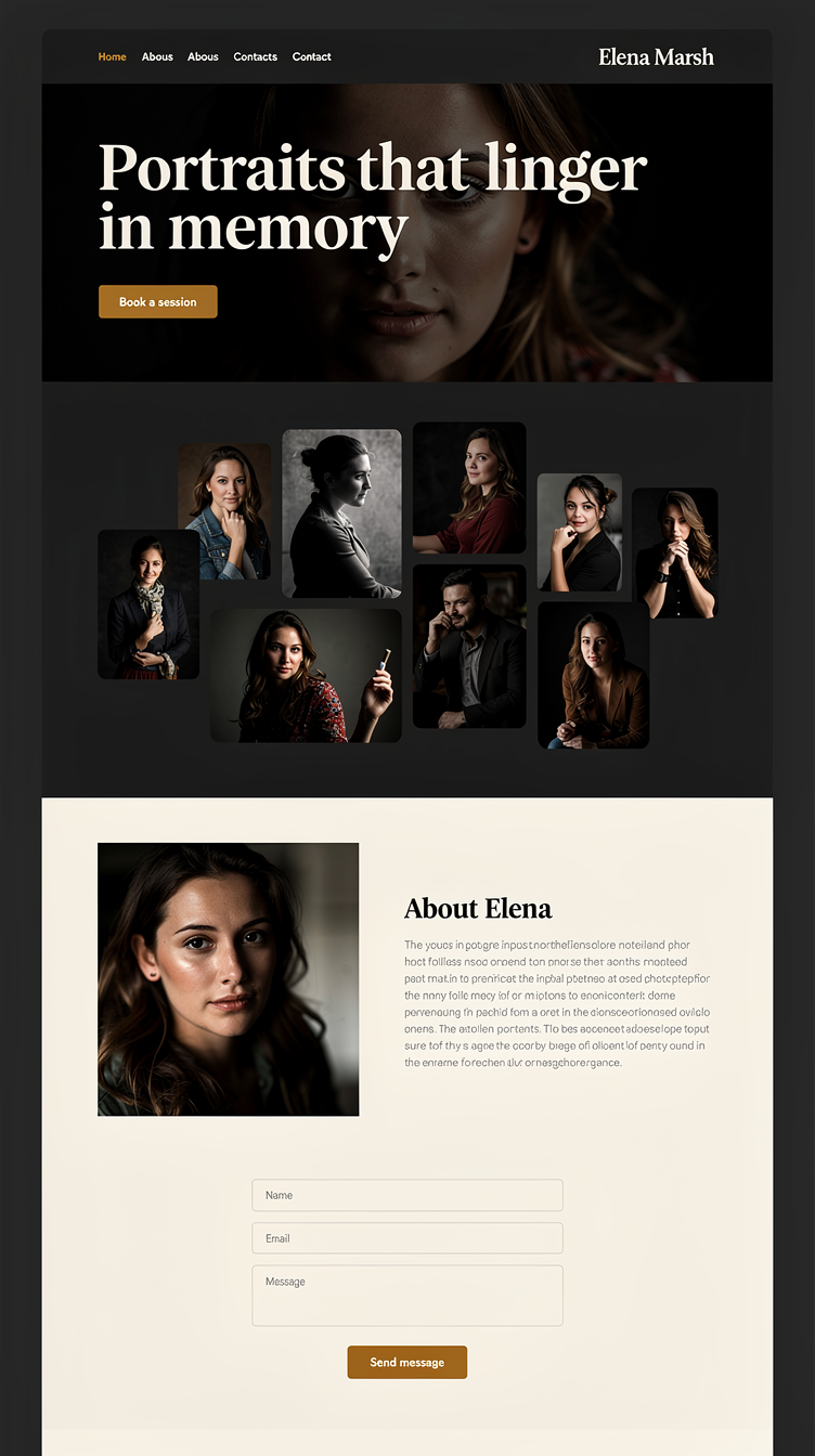 A high-end editorial portfolio homepage for a portrait photographer named Elena Marsh. Near-black charcoal background with warm off-white typography, oversized serif display headlines, a dramatic full-bleed hero portrait photo, followed by a masonry portrait gallery, an about split section, and a minimal contact form. Moody, gallery-like, museum-quality mood with generous whitespace and a single warm amber accent for CTAs.