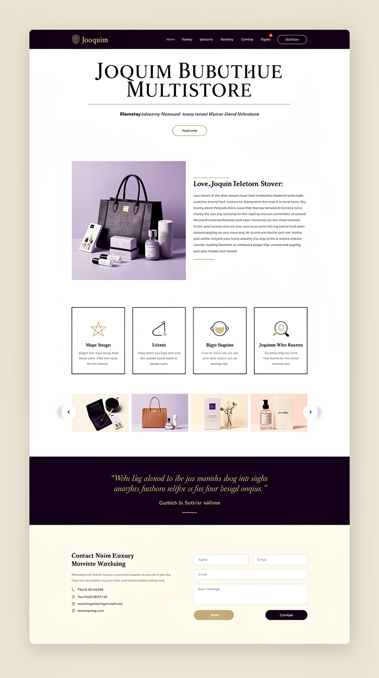 Luxury minimalist homepage concept for "Joquim Multestore". Palette centered on deep royal purple #6b21a8 and lilac #f3e8ff with plenty of near-black and cream negative space, gold-like purple accent highlights. Full-bleed hero with centered oversized elegant serif headline, thin divider lines, small subtle CTA button, and a full-width dramatic photo of premium retail products. Sections flow asymmetrically: a large offset editorial image with text beside it for the store story, a minimalist grid of digital marketing service cards with thin borders and lots of padding, a horizontal scroll-style product strip, a dark purple full-bleed quote/testimonial band, and a clean two-column contact section. Feels like a high-end boutique brand site, extremely refined, lots of breathing room.