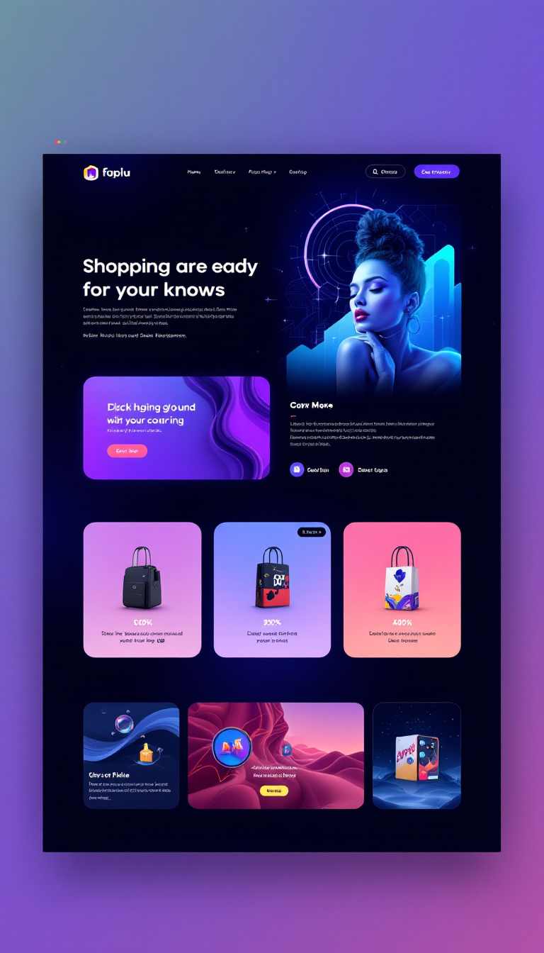 Design a one-page online shopping website with a sleek, futuristic aesthetic. Focus on clean lines, vibrant colors, and engaging visuals to enhance the user experience.