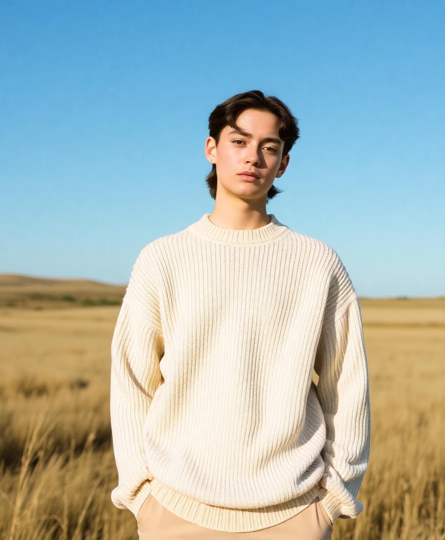 model wearing a cream colored sweater from paddock project's essential collection