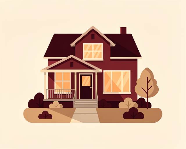 Warm flat vector illustration: Illustration of a cozy Ann Arbor home listed for sale. Simple friendly shapes, cohesive warm palette of maroon and cream tones, no text or labels.