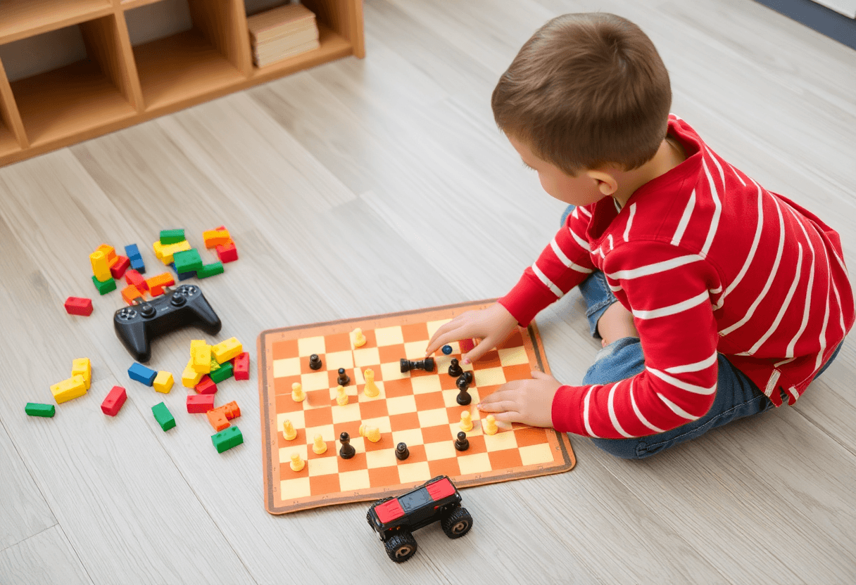 a boy sitting on the floor playing with a foldable chess mat, surrounded by toy blocks and a remote-controlled car