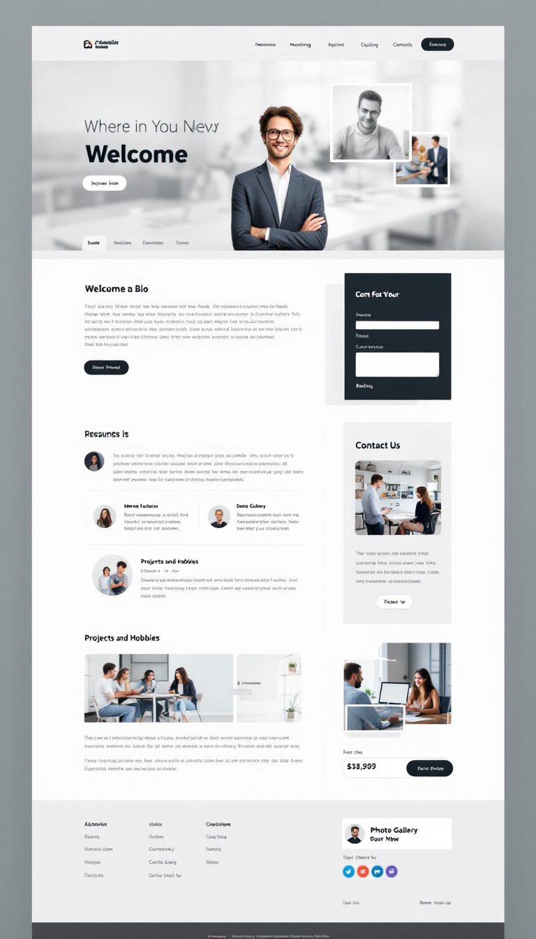 Design a simple one-page personal website featuring a welcoming homepage with a brief bio and professional photo, a resume section outlining skills and experience, a projects and hobbies section with descriptions, a contact section with your details, and a photo gallery showcasing your interests. Ensure a clean layout, easy navigation, and a professional tone throughout.