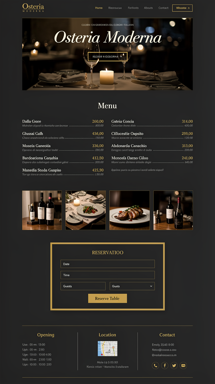 Homepage for "Osteria Moderna", minimalist modern Italian restaurant site, near-black charcoal background throughout with warm amber-gold accent lines and cream text, very high-end architectural gallery feel. Centered hero with small eyebrow label, oversized italic display headline, thin CTA button with amber outline, full-width dark hero photo of a candlelit table setting. Menu section as a clean two-column list with prices, dotted leaders, on dark background. Full-width panoramic gallery strip with 4 evenly spaced photos. Reservation section with a bold amber-bordered form card. Bottom footer split into three columns: hours, location with map thumbnail, contact, all on charcoal with subtle divider lines.