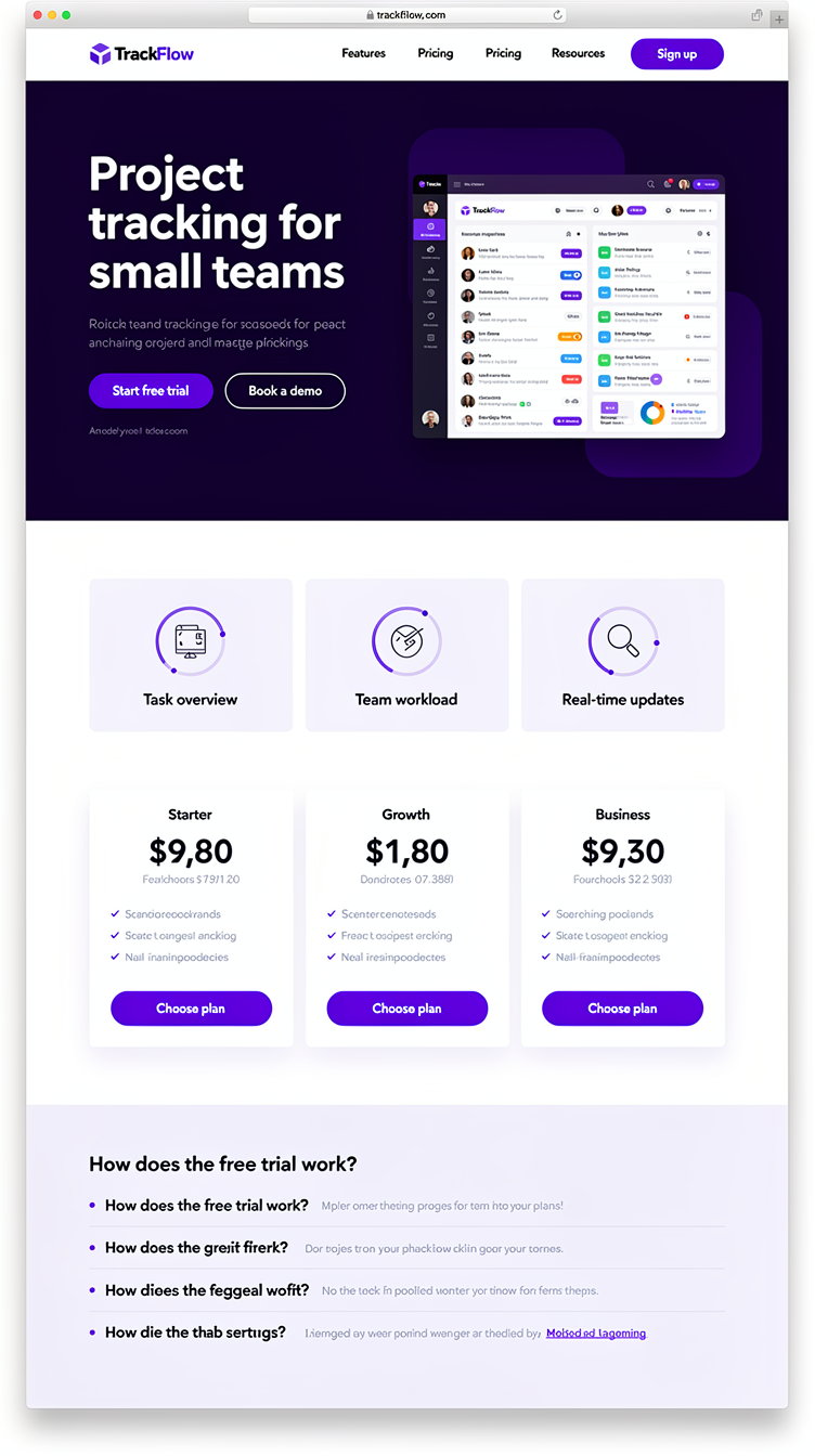 Landing page for "TrackFlow", a project-tracking SaaS for small teams. Bold modern hero with deep violet (#4c1d95) background, bright purple (#7c3aed) accents, light lavender (#f5f3ff) sections. Big headline, dashboard product screenshot in hero, feature grid with icons, pricing cards, FAQ. Clean sans-serif, confident and energetic.