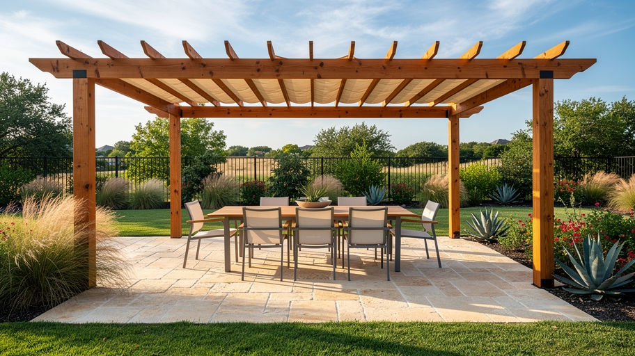 Professional photograph, natural light, realistic: Stone patio with dining area and pergola shade structure in an Austin backyard. No text or watermarks.