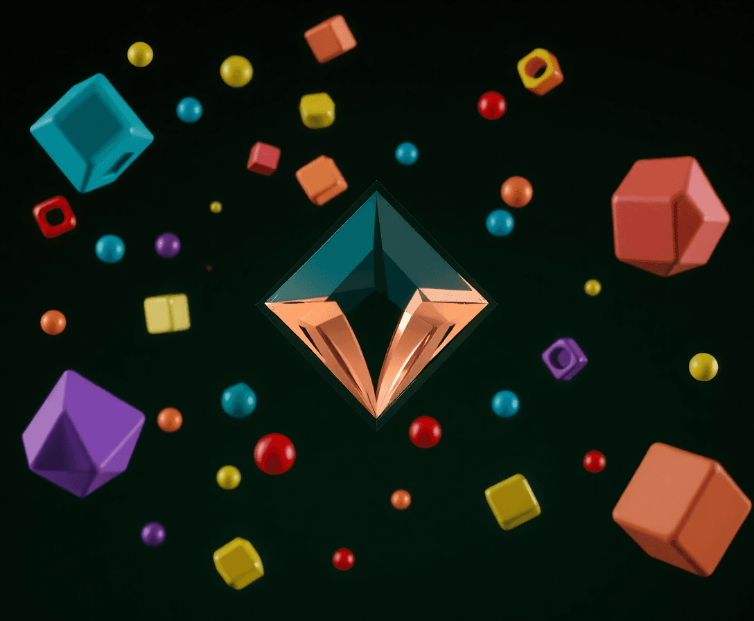 colorful 3d objects floating around a central diamond shape