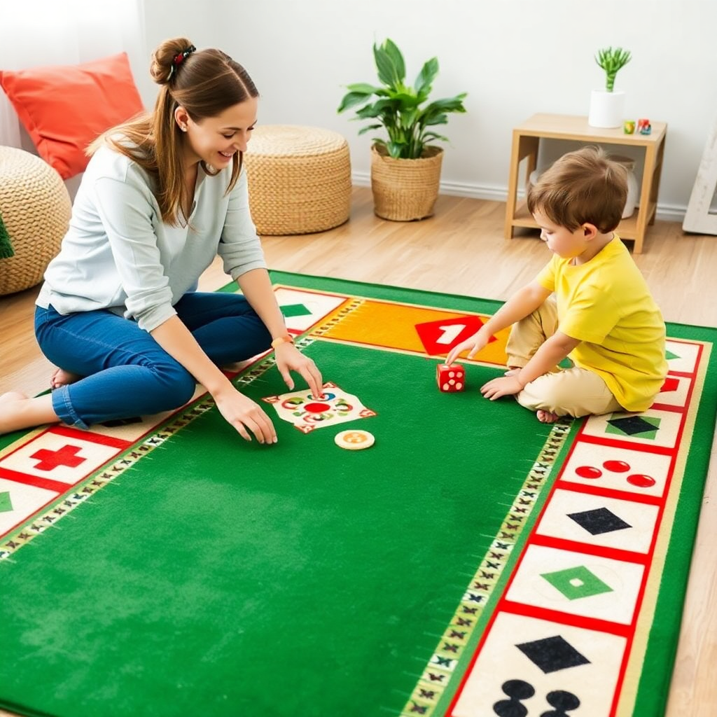 mother and child playing on the ludo carpet game mat, showcasing its size and durability