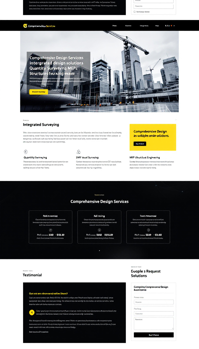 Create a professional one-page website for "Comprehensive Design Services," offering integrated design solutions in Quantity Surveying, MEP, and Structural Engineering. Include sections for service descriptions, pricing, testimonials, and a quote request form, featuring a clean layout with an image slider and a responsive design for optimal user experience.