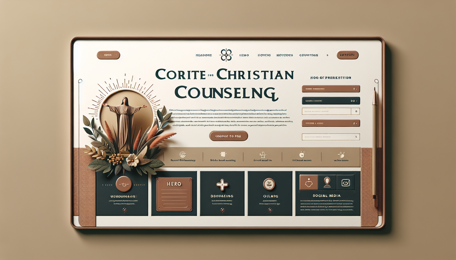 A modern and inviting Christian consulting website layout, featuring a header with a logo, navigation links, a hero section with an inspirational image and a call to action, sections for features, a form for visitor data, and a social media links section with friendly text inviting users to connect. The overall design should be warm and welcoming, with soft colors and clear typography.