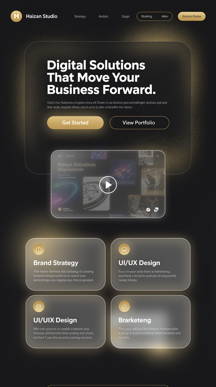 Modern glassmorphism-heavy dark agency landing page for "Haizan Studio". Deep charcoal-black gradient background (#0d0d0f to #1a1a1d) with glowing gold (#e0b25a) radial light accents behind glass panels. Hero centered, huge bold headline "Digital Solutions That Move Your Business Forward." in Outfit, subheadline below, two pill-shaped CTA buttons side by side (solid gold + glass outline), a floating translucent glass video card beneath showing a muted looping showreel. Services as 5 frosted-glass floating cards with soft shadows and gold gradient icon badges in a responsive grid. About section with rounded glass image collage on one side and stats counters (projects done, clients, years) on the other. Testimonials as glass cards on a subtle grid pattern. Footer with newsletter glass input and gold accent CTA. Mood: futuristic, polished, tactile, trustworthy.