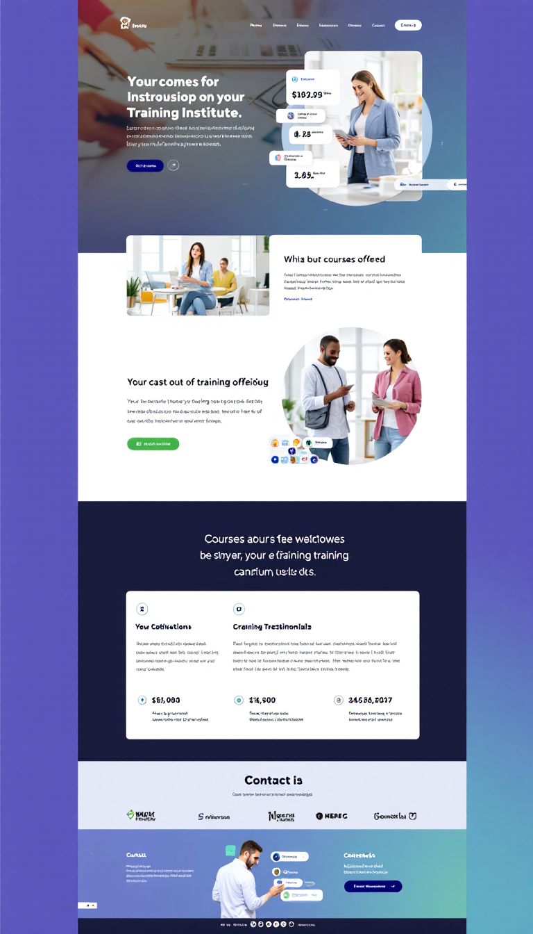 Create a simple and clean one-page website design for a training institute, showcasing courses offered, testimonials, and contact information in an organized layout.