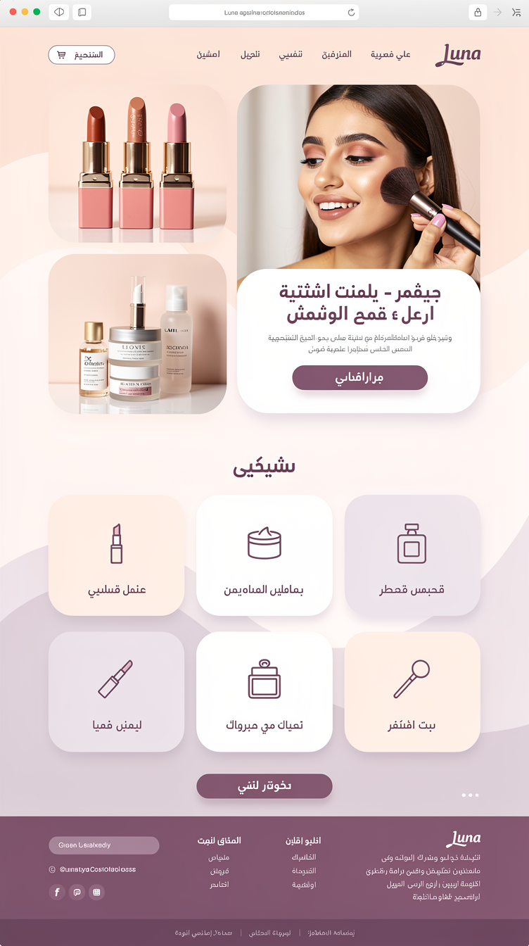Full-page website mockup for "Luna Cosmetics", modern Iraqi beauty store, Arabic RTL layout with Arabic typography. Direction 3 — "Soft Pastel Grid": blush pink and pale mauve (#fae8ff) background washes with plum #701a75 type and orchid #a21caf buttons, playful large rounded radii and soft drop shadows. Hero is a mosaic bento grid: one big rounded photo of a smiling woman applying blush, two smaller tiles with lipstick macro and Korean skincare bottles, and a text tile holding the Arabic headline plus a rounded "اشتري الآن" button. Following sections use varied bento layouts: pill-shaped category cards with icons, an offset two-column featured products list with big prices in Iraqi dinars, a pastel gradient offer card with a discount badge, an about section with circular photo and stat pills, a 3-up review grid with avatar circles, and a contact card grid over a light map. Friendly, clean, boutique, lots of whitespace.