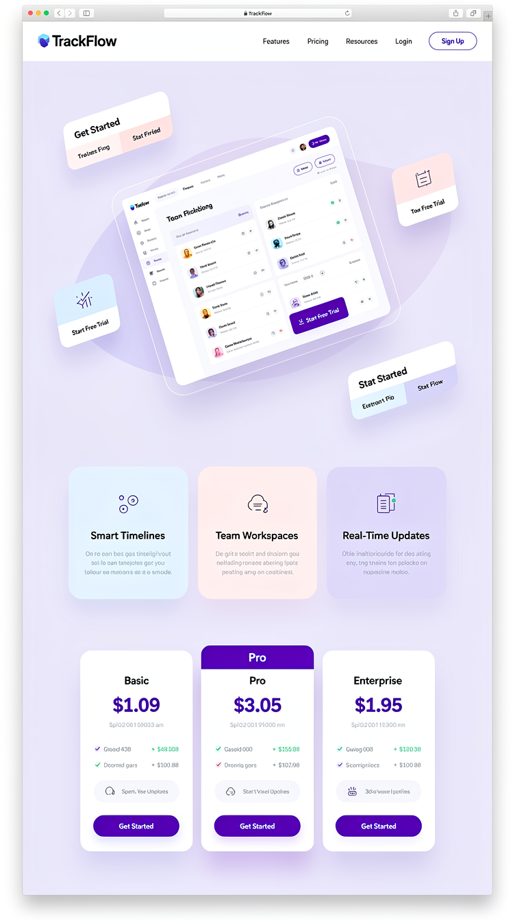 Landing page for "TrackFlow" project-tracking SaaS. Light airy design with lavender (#f5f3ff) background, generous white space, floating rounded cards with soft shadows, violet (#7c3aed) gradient buttons, minimal elegant layout, centered hero with a floating app screenshot, pastel feature tiles, clean pricing table. Friendly and premium.