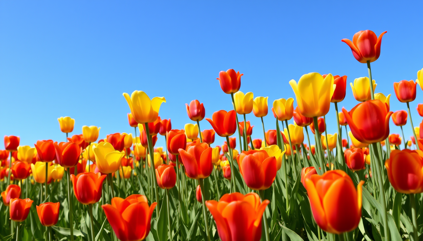 a field of vibrant red, yellow, and orange tulips in full bloom against a clear blue sky