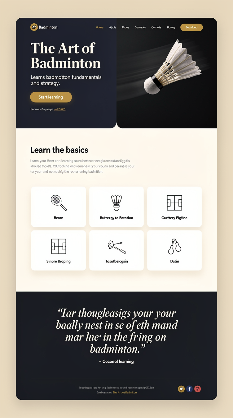 Homepage for "The Art of Badminton", warm and inviting learning hub about badminton, blending midnight navy (#0f172a) sections with light off-white (#e2e8f0) sections alternating down the page for rhythm, plus a golden amber accent. Hero split-screen: left half dark navy with elegant serif+sans headline pairing and CTA, right half full-height action photo of shuttlecock frozen mid-flight against dark background. Below, alternating light/dark bands: a light "learn the basics" section with clean line-icon cards, a dark full-bleed quote section with large italic type, a light 3-column "topics" section with rounded image cards and soft shadows. Friendly, polished, textbook-meets-magazine feel.