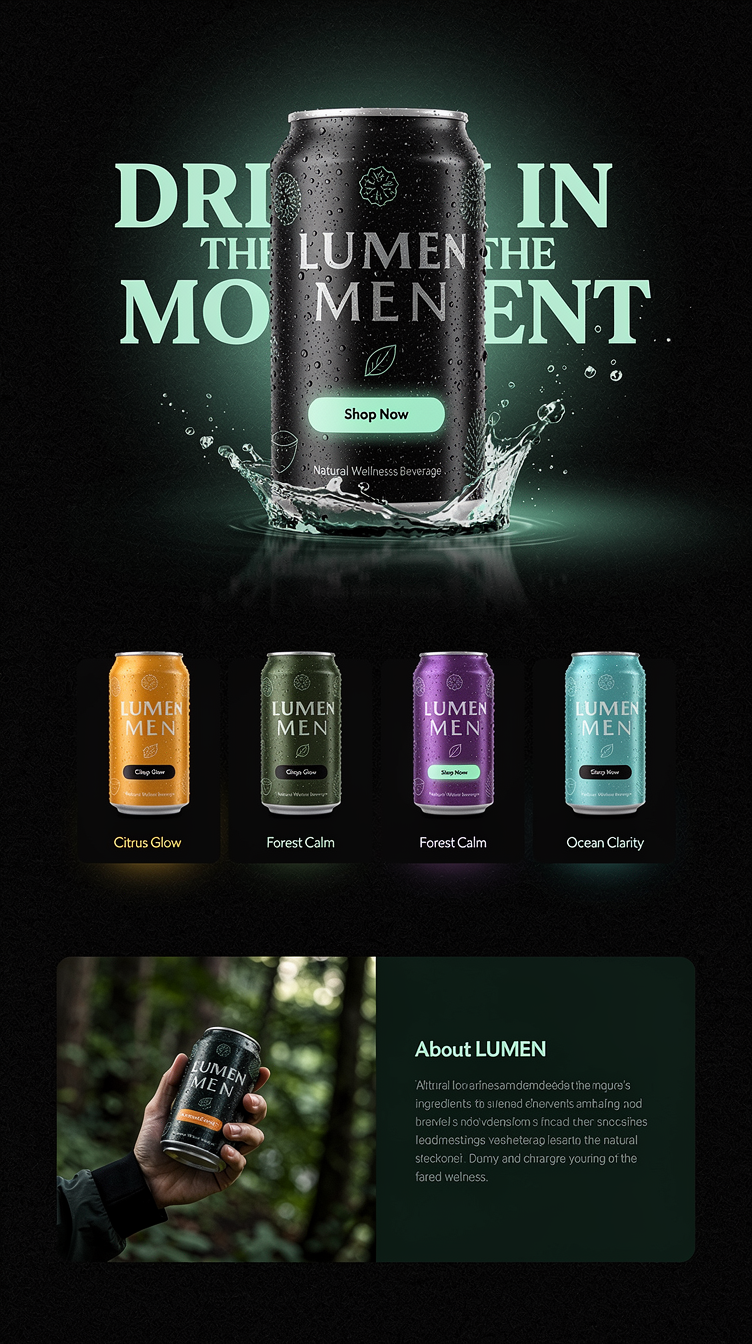 Cinematic dark hero website for a natural wellness beverage brand called LUMEN. Near-black background (#0a1410) with deep emerald and mint (#34d399) glowing accents, a massive glossy can product shot centered with water droplets and splash effects, bold oversized display headline "DRINK IN THE MOMENT" in a sleek modern serif, thin mint CTA button "Shop Now". Below hero: horizontal scroll of product flavors, an About section with split image/text on textured dark green, a benefits grid with icon cards, glowing testimonial cards, and a promo video section with a large play button over a moody forest/water backdrop. Premium commercial photography feel, soft glossy highlights, generous whitespace, cinematic gradients.