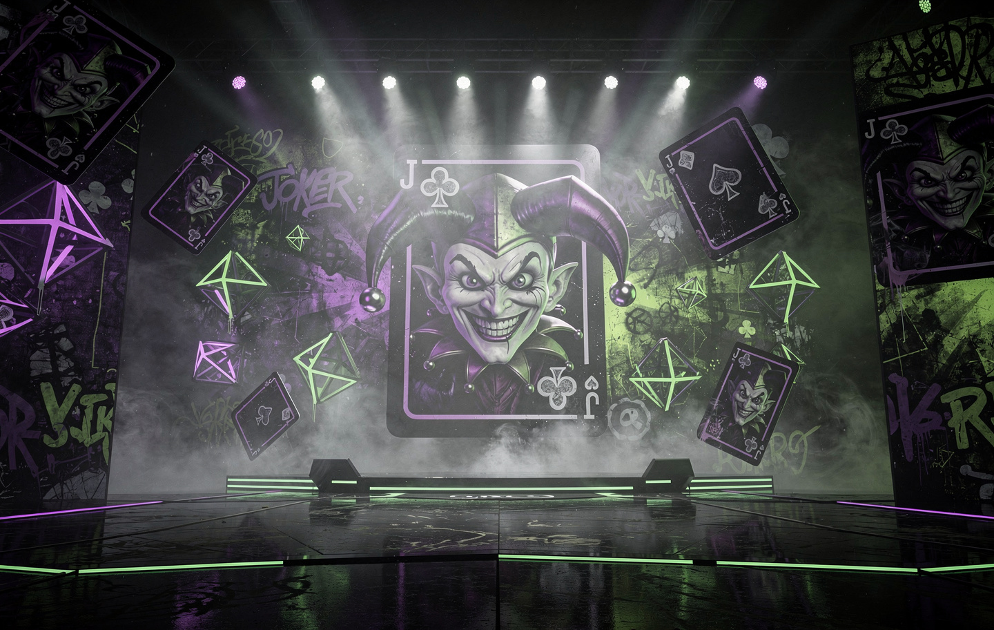 Wide cinematic streaming stage backdrop with jester playing-card theme, dark atmosphere, neon purple and green graffiti lighting, smoke, floating playing cards, dramatic stage lights, digital art
