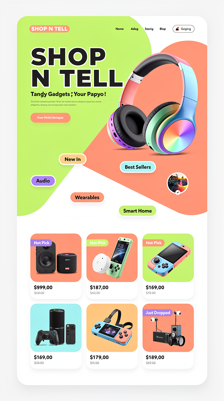 Homepage for "SHOP N TELL", a colorful tech gadgets store. Asymmetric layout with a giant lime-green and coral color-block hero, oversized product photo on right, chunky bold typography, sticker-like category badges, bento-grid of featured gadgets. Fun, bold, retro-futuristic vibe.