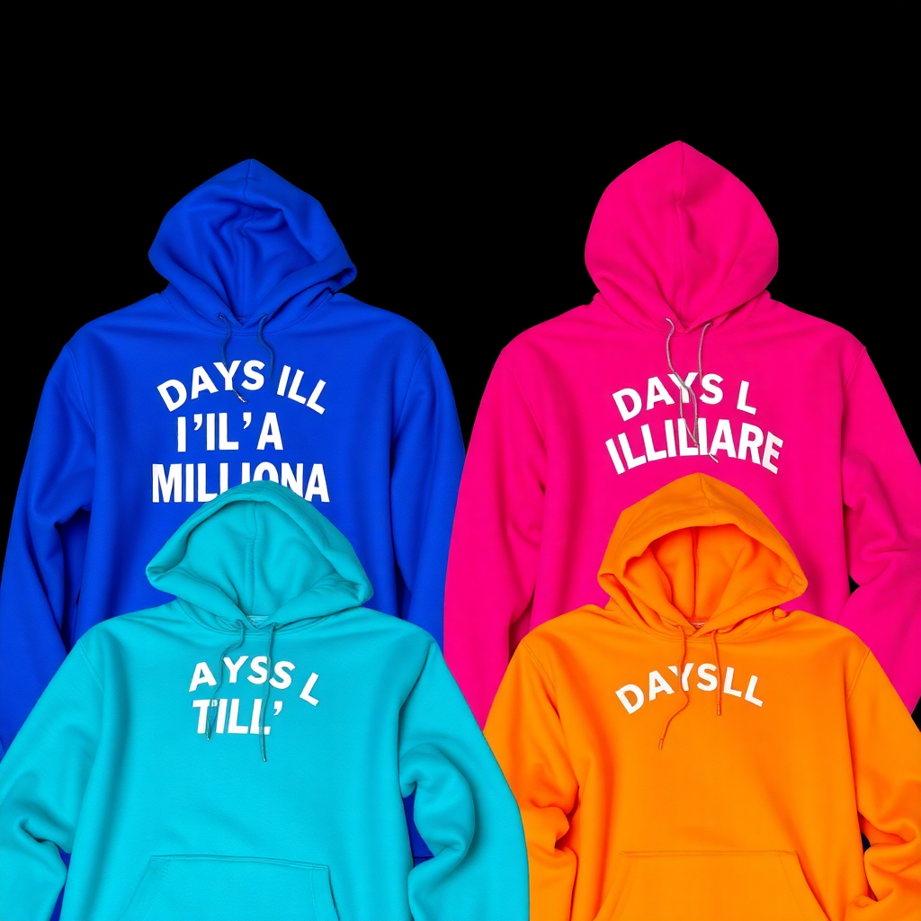 days till i'm a millionaire hoodies displayed in vibrant colors