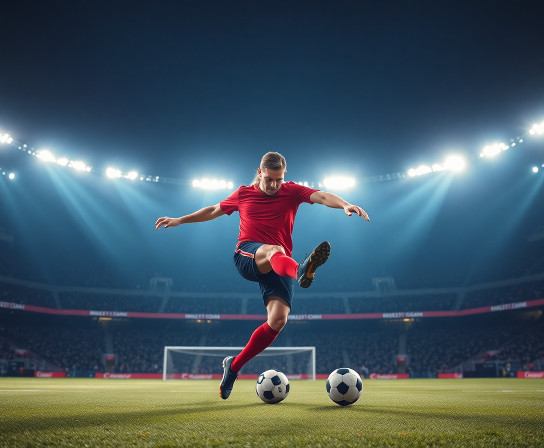 football player kicking ball in a professional stadium with dramatic lighting