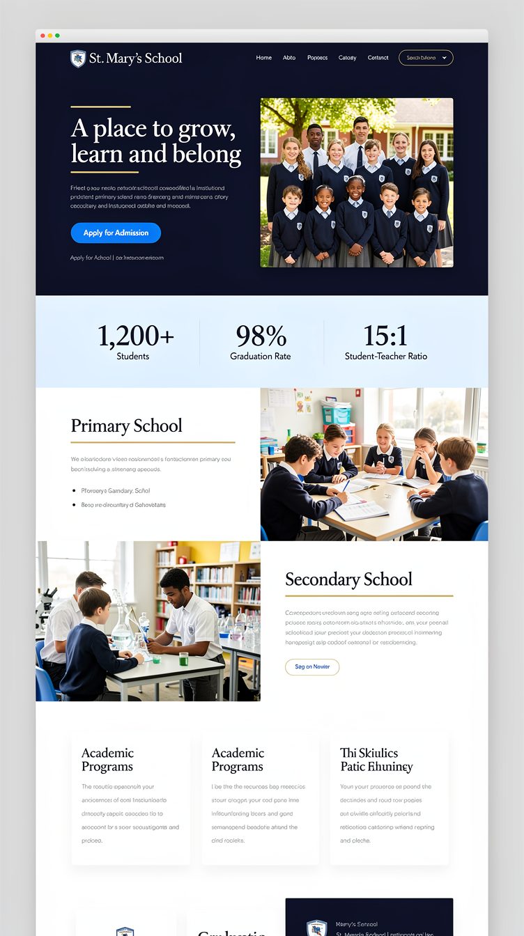 Full-page website mockup for "St. Mary's School", a primary and secondary school. Direction 1 — Classic Prestige: a deep navy (#1e3a5f) full-bleed hero with a large photograph of smiling students in uniform, an elegant high-contrast serif headline "A place to grow, learn and belong", thin gold-tinted rule accents, and a bright blue (#2563eb) pill CTA "Apply for Admission". Below: a three-column stats band on pale blue (#dbeafe), an alternating split section for Primary School and Secondary School with generous whitespace, an academics card grid with subtle shadows and 16px radii, a testimonial quote on navy, and a footer with campus info. Refined, institutional, calm, lots of breathing room.
