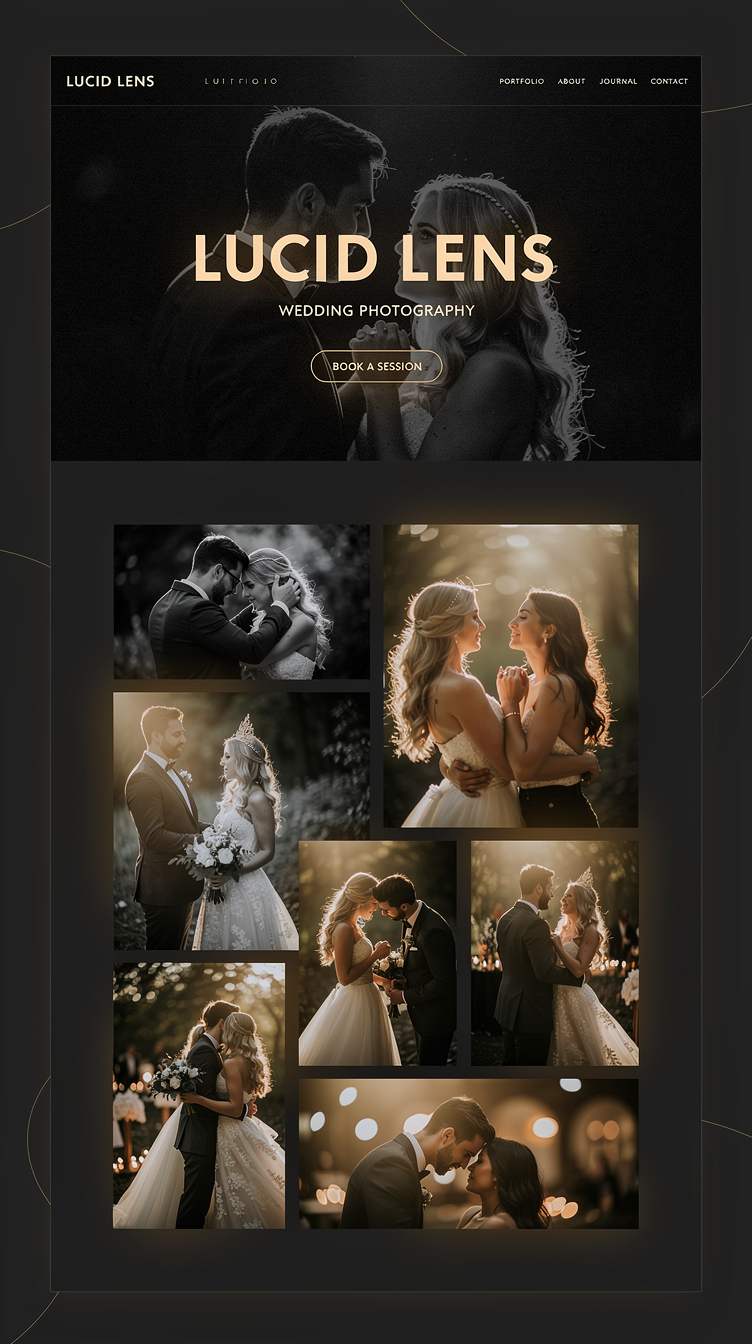 Dramatic dark-mode wedding photographer portfolio homepage "Lucid Lens". Cinematic full-screen hero image, moody near-black background, large uppercase sans-serif type, bold contrast, immersive edge-to-edge gallery mosaic, warm amber accent. Luxurious and modern.