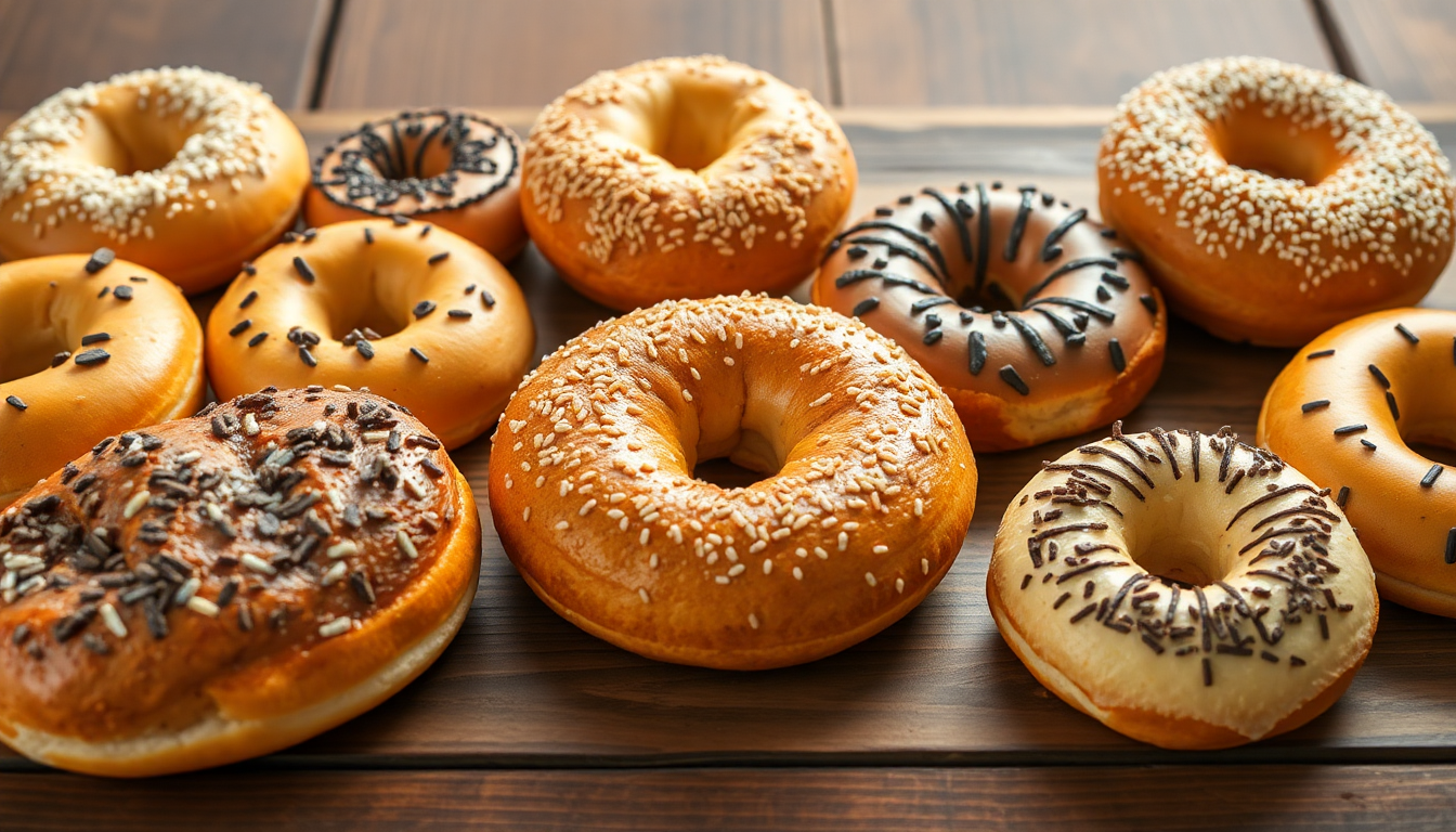 freshly baked bagels and pastries arranged on a rustic table with various toppings and fillings - premium frozen bakery products showcase