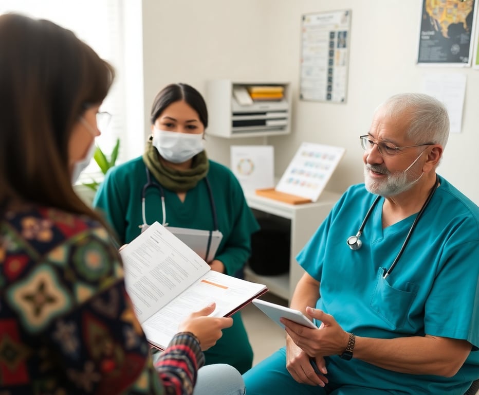 Healthcare professional explaining medical information to a patient using culturally adapted materials