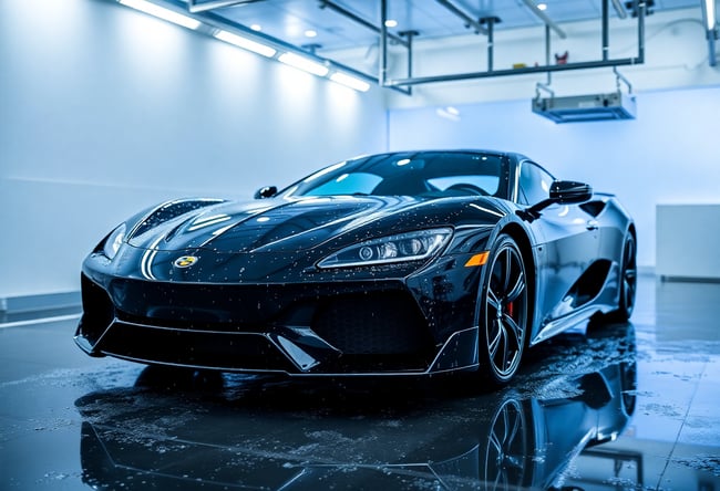 Luxurious Clean: Black Sports Car in Wash