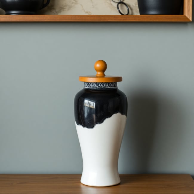 Ceramic Elegance: Black and White Vase with Wooden Lid