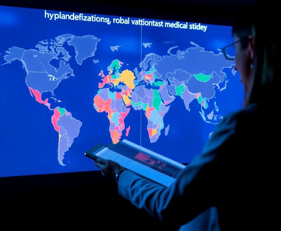 Researcher analyzing data from multiple countries, showing the global impact of properly validated medical translations