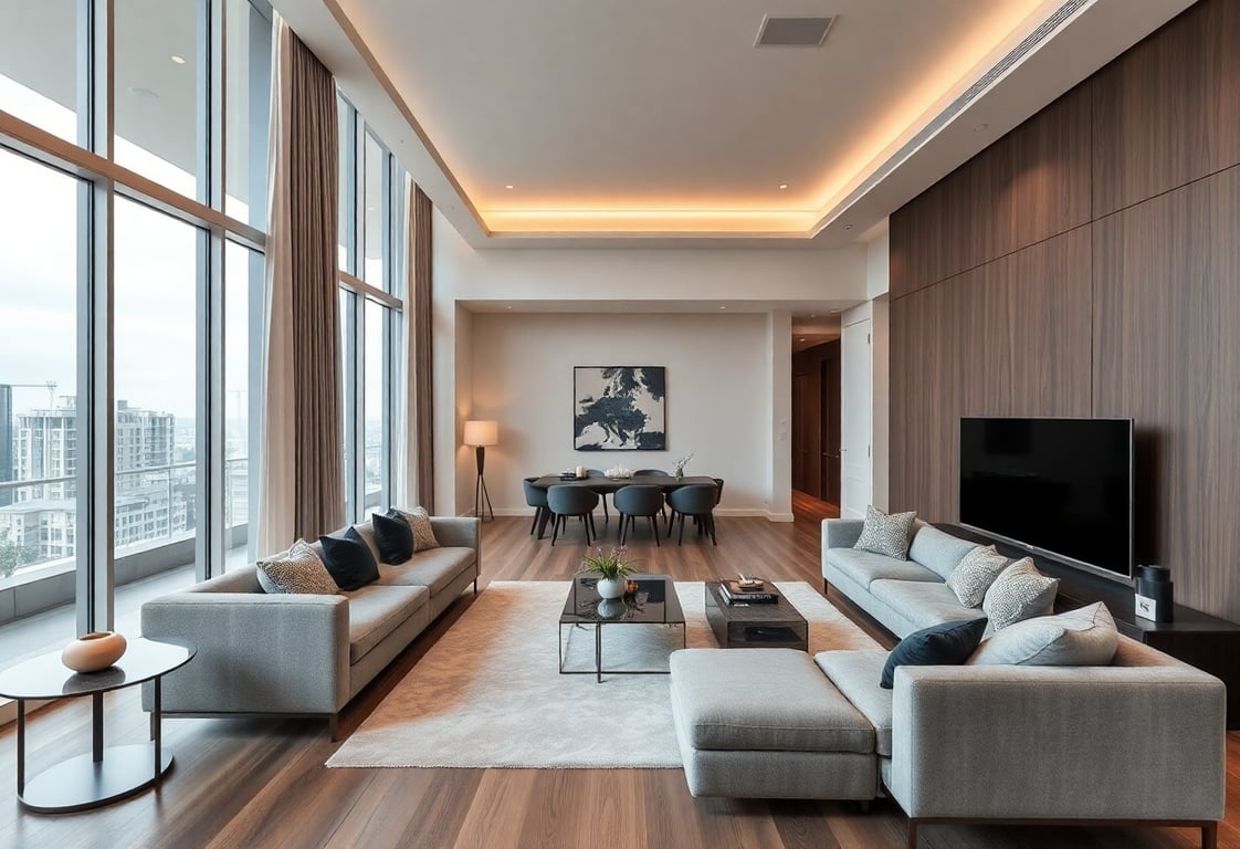 Modern luxury apartment living room with contemporary furniture, floor-to-ceiling windows, and elegant decor showcasing SHA Luxury Apartments