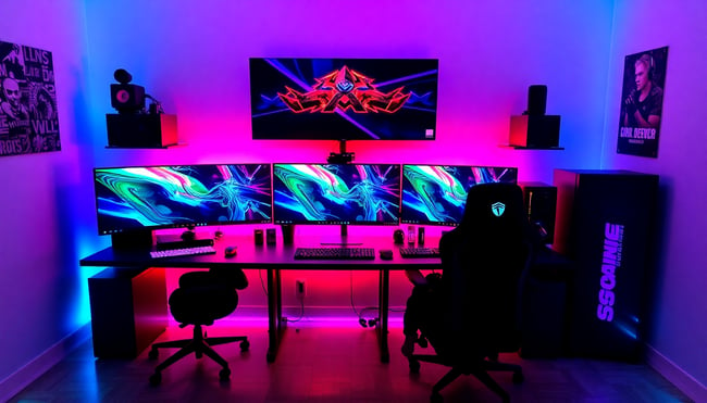 Gamer Setup com Múltiplos Monitores e Iluminação RGB