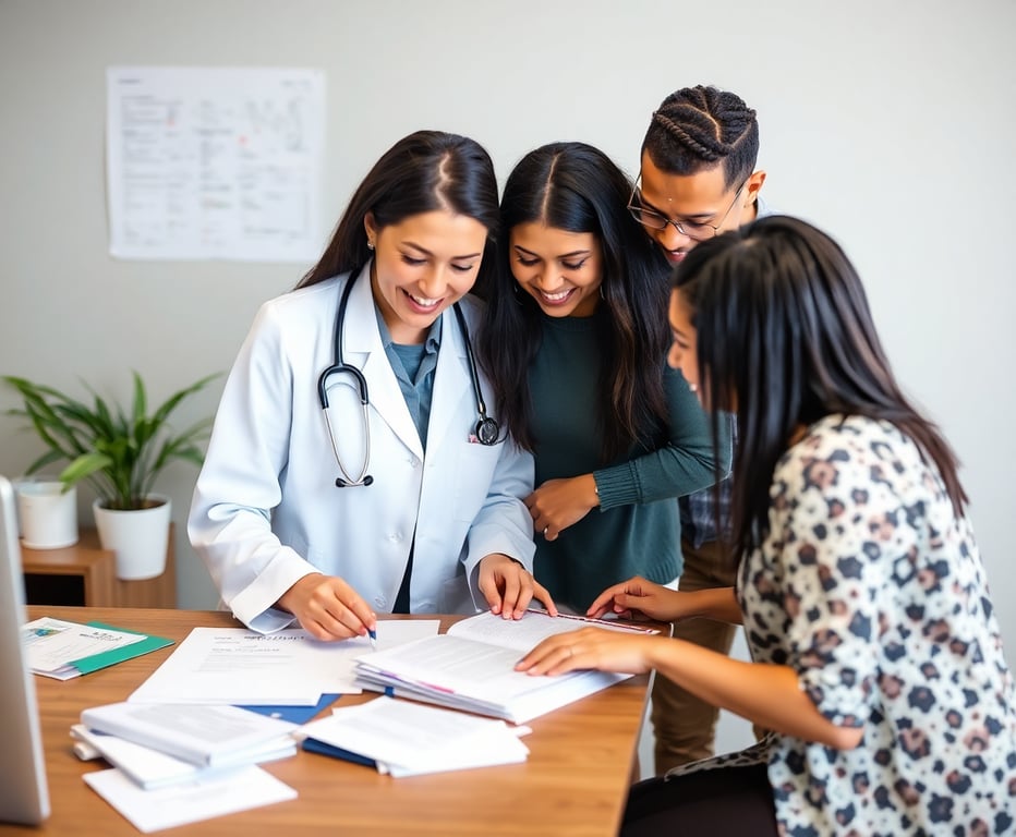 Medical professional reviewing translated documents with multicultural team, representing linguistic validation process