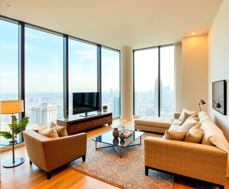 Spacious living room with contemporary design and city views at SHA Apartments