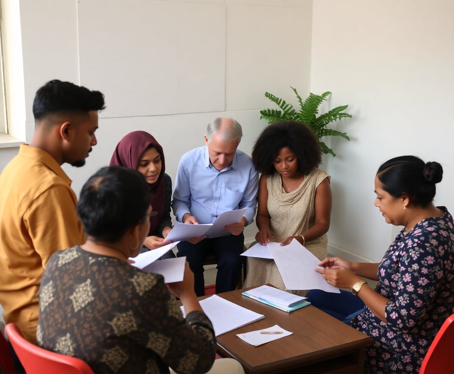 Diverse group of people participating in a linguistic validation session, reviewing medical questionnaires